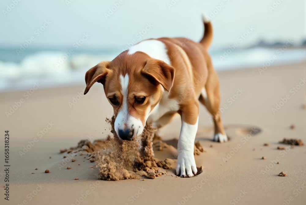 Dog digging in sand on beach by the ocean during daytime