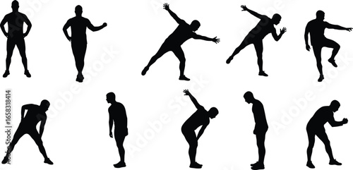 Human silhouette poses, expressive body movements, standing, bending, arm gestures, dynamic posture vector art, motion study, lifestyle, animation reference