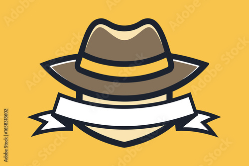 Classic fedora hat design emblem with blank ribbon element on a solid yellow background