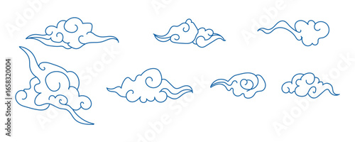Seven blue outline cloud shapes resembling classic Chinese cloud motifs float on white