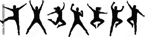 Jumping silhouette poses, dynamic body movement, expressive gesture vector art, joy, freedom, celebration, active lifestyle, motion, energy, emotio