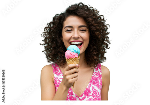 Happy woman eating a colorful ice cream cone isolated on transparent background