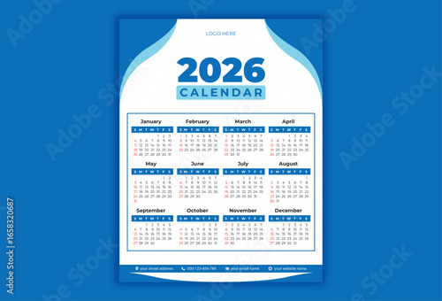 2026 calendar blue theme vector template design