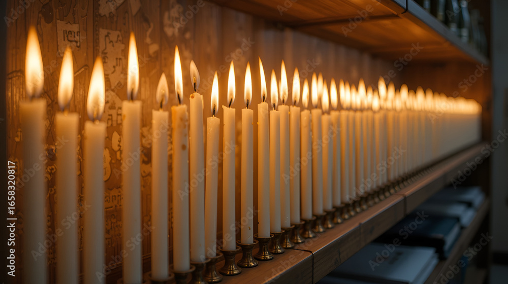 Obraz premium Rows of burning, glowing Hanukkah candles burn on a shelf inside a yeshiva Torah academy in Jerusalem during the Festival of Lights in Israel.