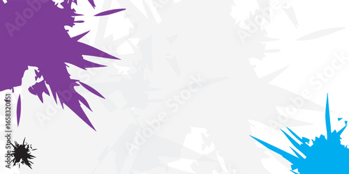 Vibrant purple and cyan abstract paint splashes with sharp spiky edges in a corner design.