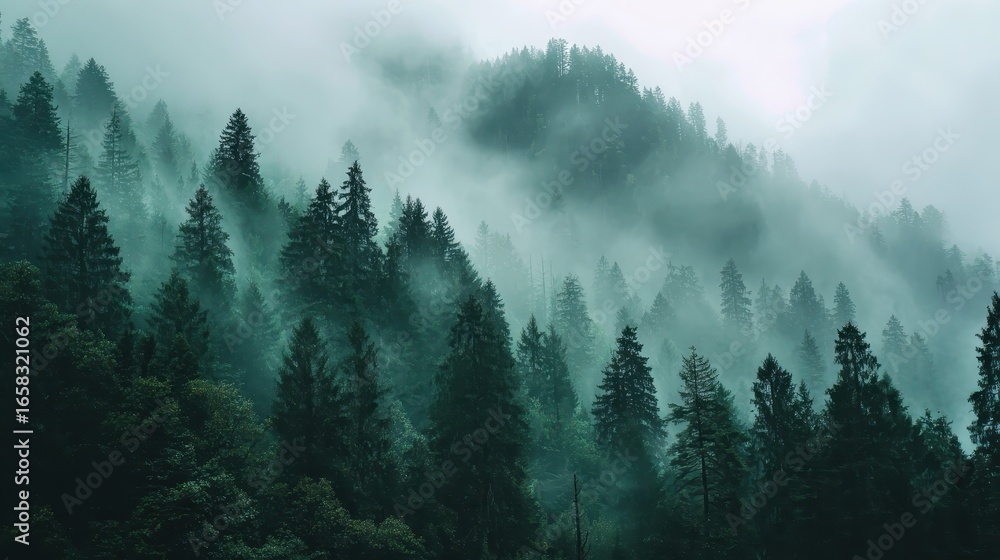 Obraz premium Misty Forest Landscape with Dense Trees and Foggy Atmosphere