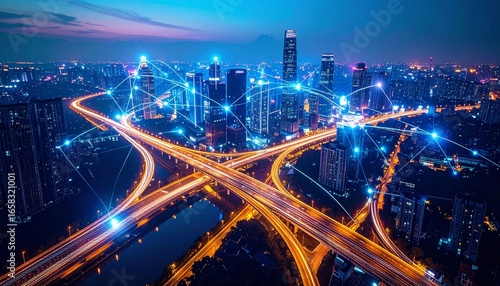 Wallpaper Mural Urban landscape showcasing smart city technology and networks at night Torontodigital.ca