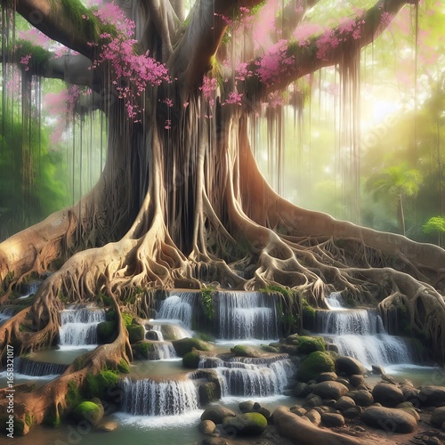 Ancient giant tree with roots forming natural waterfalls — blossoms growing on every branch.