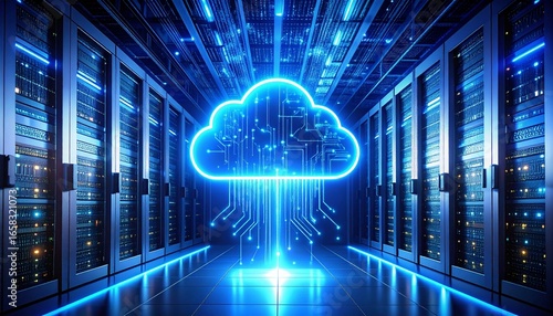Illuminated cloud symbol over a modern data center with servers