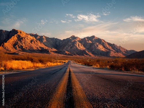 Route 66 highway road in the evening sunset with desert mountains in the background landscape