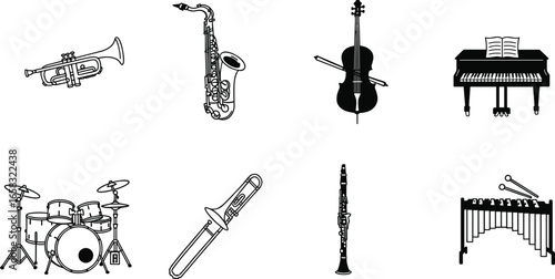Musical instrument vector set, trumpet, saxophone, cello, piano, drum set, trombone, clarinet, xylophone, music icons, education art