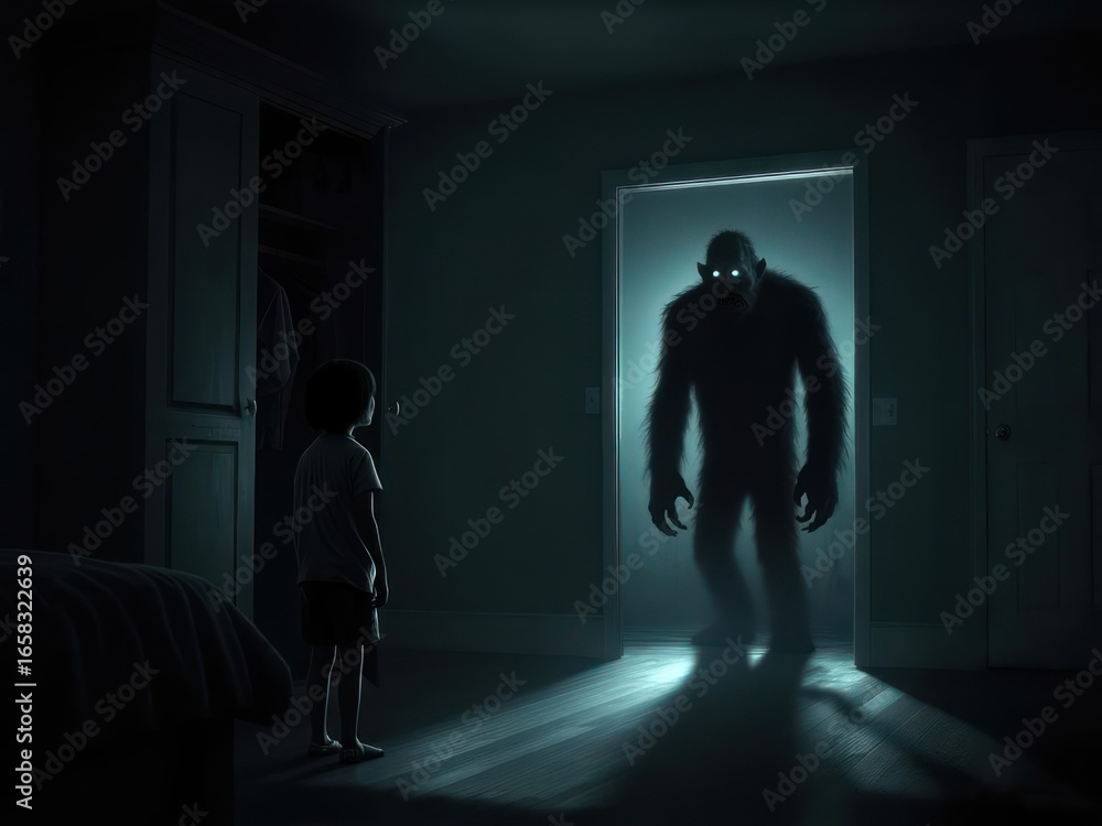 Obraz premium A small child stands in a bedroom doorway, facing a shadowy, looming monster figure in the illuminated doorway.