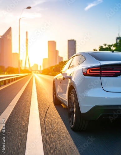 Wallpaper Mural Electric car driving on highway at sunset with city skyline backdrop Torontodigital.ca
