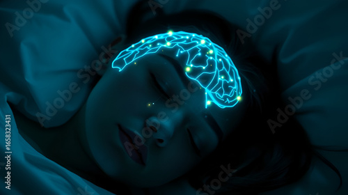 Young woman sleeping with glowing digital brain visualization for dream research, neuroscience studies, and sleep technology concepts in cognitive science and artificial intelligence applications