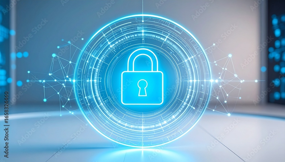 Naklejka premium Futuristic digital padlock glowing in a secure technology space
