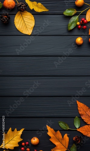 Autumn Leaves and Fruits Arranged on Dark Wooden Background