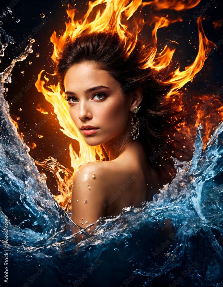 Fototapeta premium Dramatic elemental artwork of a beautiful girl surrounded by blazing fire and crystal-clear water splashes