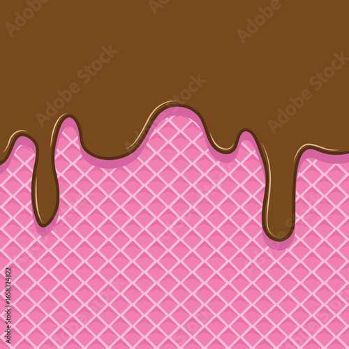 Ice cream waffle background. Chocolate ice cream on wafer. Chocolate melted on waffle background. melted ice cream and cone.