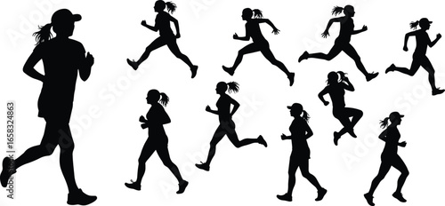 Running silhouette vector set, jogging figures, athletic motion poses, sports activity illustration, dynamic movement, fitness icons, training, marathon runners