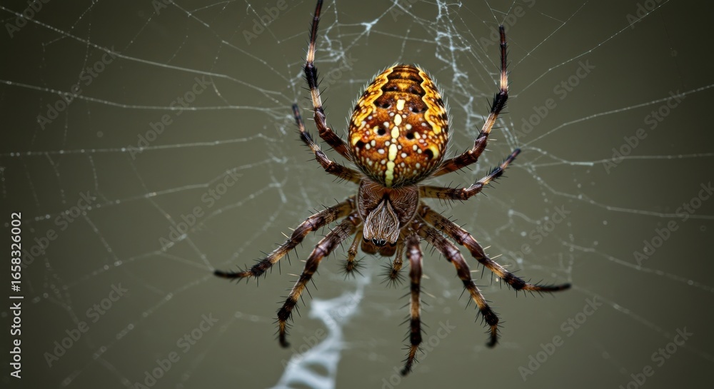 Obraz premium A close-up captures a colorful, patterned spider centered on a web against a blurred, neutral-toned backdrop, highlighting the arachnid's intricate features