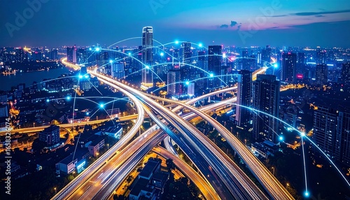 Wallpaper Mural Futuristic city view with illuminated highways and network connections Torontodigital.ca