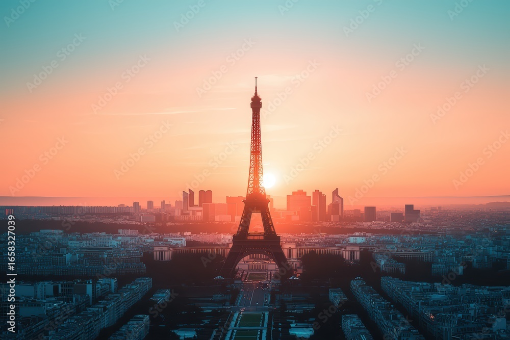 Obraz premium Beautiful Sunset Over Eiffel Tower in Paris, France Skyline