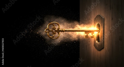 A golden key dissolves a door upon unlocking, a powerful metaphor for revealing a self-created problem and a paradigm shift