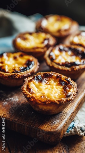 Description:
Traditional Portuguese pastel de nata pastries, golden, crispy custard tarts with caramelized tops. Food photography