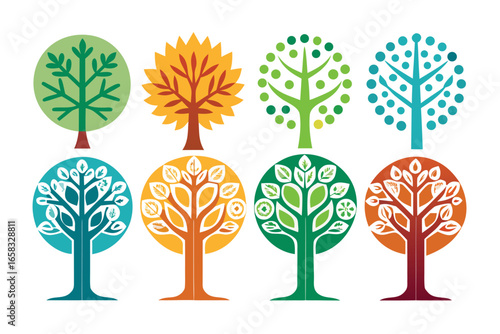 Colorful abstract trees illustration featuring various design styles and decorative foliage elements for creative usage