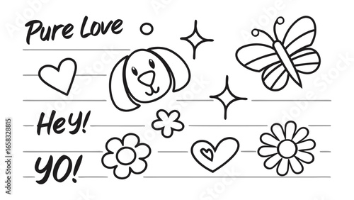 Black and white doodle art with dog face butterfly hearts and flowers on lined paper background drawing
