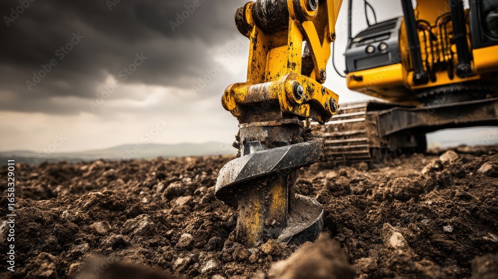 Fototapeta premium Close up of excavator drill in construction site with dark sky