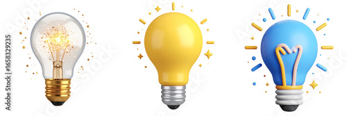 Three-Dimensional Cartoon Style Light Bulbs with Sparkles on Transparent Background Illustrating Ideas and Innovation