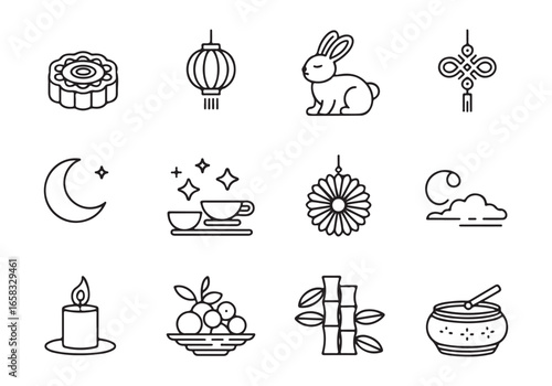 Chinese Mid Autumn Festival icons mooncake lantern rabbit bamboo tea cup candle fruit vector