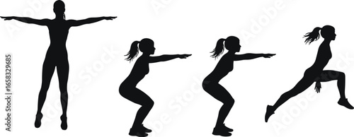 Silhouette, exercise sequence, arms out, squat, deep squat, jump lunge, workout, training, fitness, sport, motion, energy, active, body, lifestyle, health, activity, balance, vector illustration
