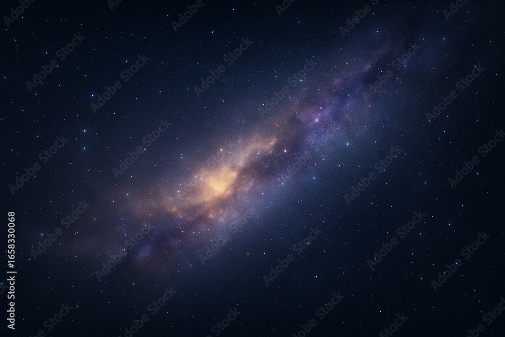 Fototapeta premium A serene astrophotograph of a glowing nebula stretching across a star-filled sky, blending soft hues of gold, purple, and blue. Created with AI for modern, majestic appeal.