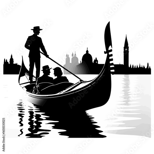 A gondolier steers a gondola with a couple through the canals of venice