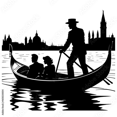 A gondola glides through venetian canals with a couple and gondolier silhouetted against the cityscape
