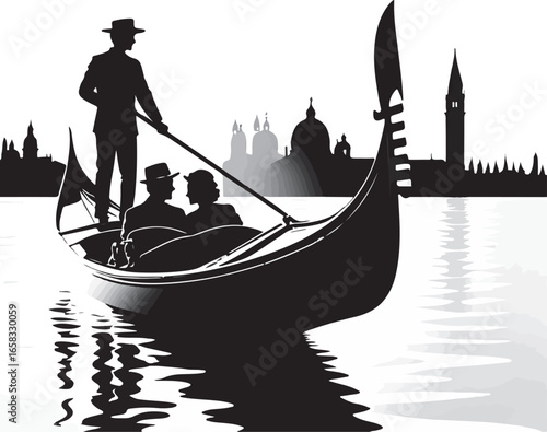 A gondolier steers a gondola with a couple through the canals of venice