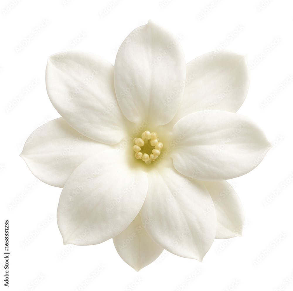 Fototapeta premium Top view of a single white Arabian jasmine flower.