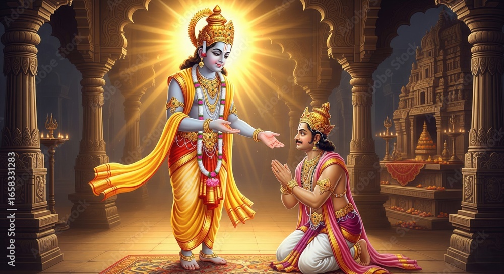 Fototapeta premium Lord Vamana Blessing King Bali in Temple Aura