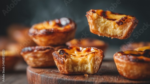 Description:
Traditional Portuguese pastel de nata pastries, golden, crispy custard tarts with caramelized tops. Food photography