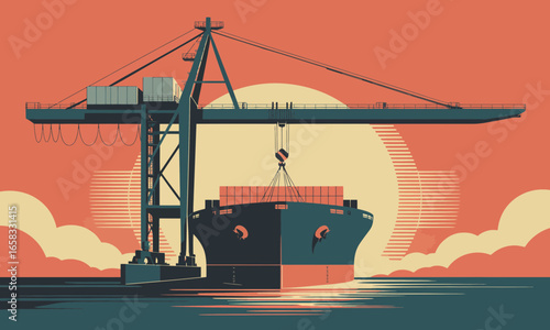 Illustration of a Cargo Ship Being Loaded by a Crane at Port Against a Sunset Background Featuring Clouds and Horizontal Lines
