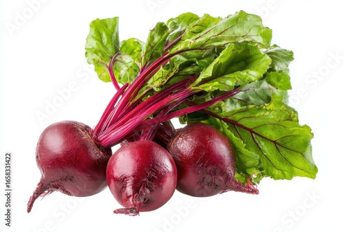 Fresh bunch of vibrant red radishes with green leafy tops isolated on white background