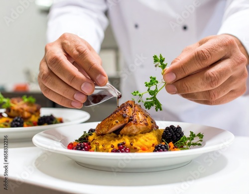 Chef Adding Final Touches To Gourmet Dish With Sauce And Fresh Herbs In Professional Kitchen
