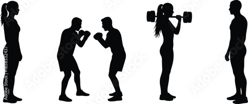 Silhouette, fitness poses, boxing stance, weightlifting, standing posture, sport, exercise, training, body, movement, strength, gym, health, workout, athlete, action, wellness, balance,