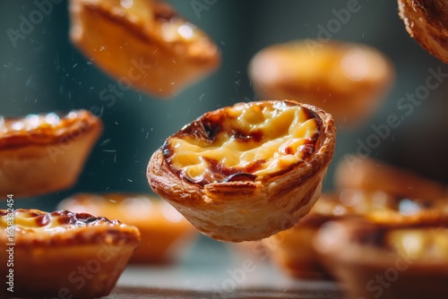 Description:
Traditional Portuguese pastel de nata pastries, golden, crispy custard tarts with caramelized tops. Food photography