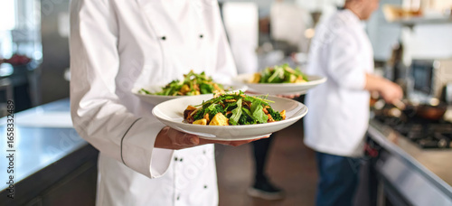 Chef Presenting Freshly Prepared Dishes In Modern Restaurant Kitchen