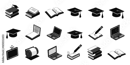 Silhouette Set of Education and online learning icons with open books, graduation caps, chalkboards, laptops, and pencils