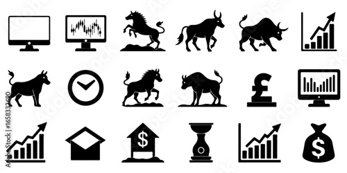 Silhouette Set of Stock market trading icons including candlestick charts, bulls and bears, trading screens, and currency exchange arrows