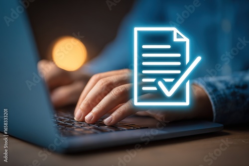 Digital Document Approval Concept - Hands Typing on Laptop with Verified File Icon